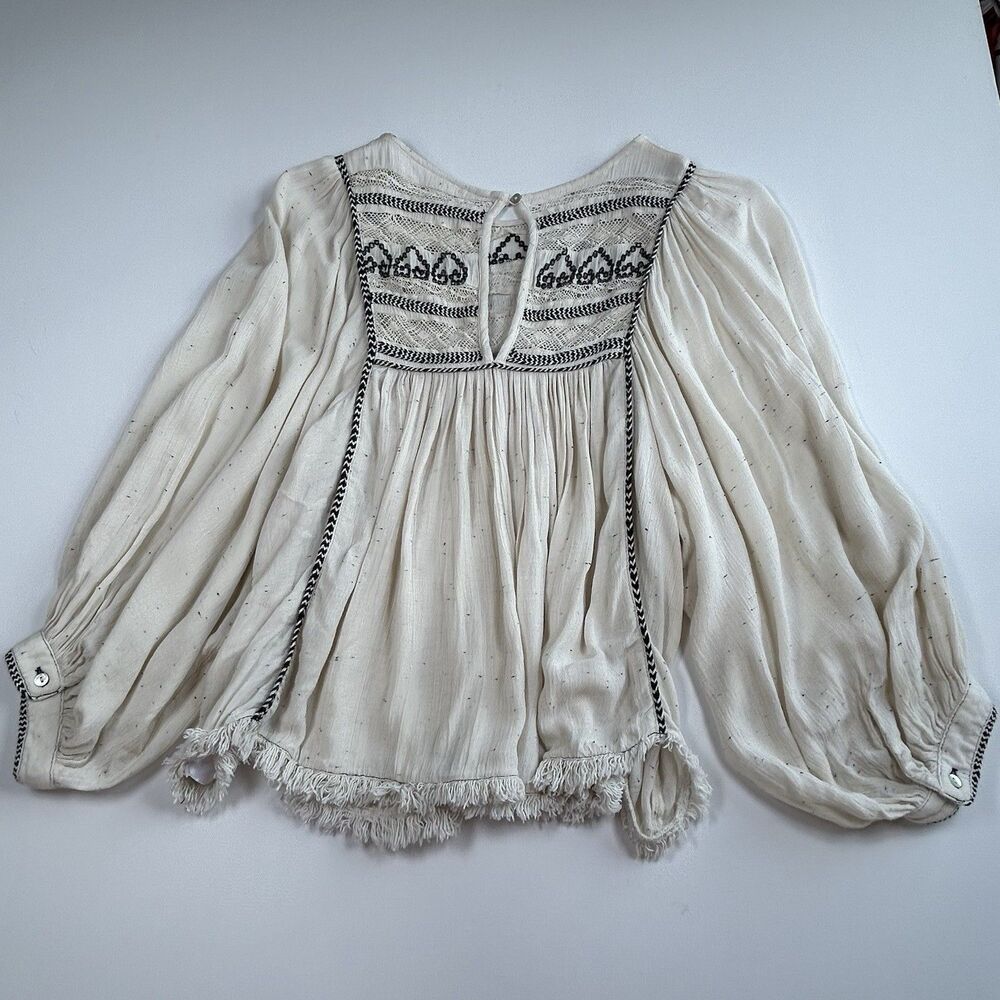 Free People Cyprus Avenue Embroidery Peasant Blouse Ivory Balloon Sleeve Size XS - Picture 13 of 13